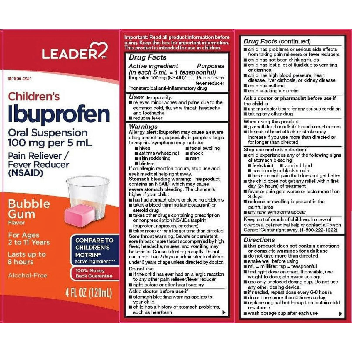 Leader Children'S Ibuprofen Liquid, Oral Suspension, Bubble Gum Flavor, 4 Oz, 2 Pack