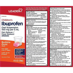 Leader Children'S Ibuprofen Liquid, Oral Suspension, Bubble Gum Flavor, 4 Oz, 2 Pack