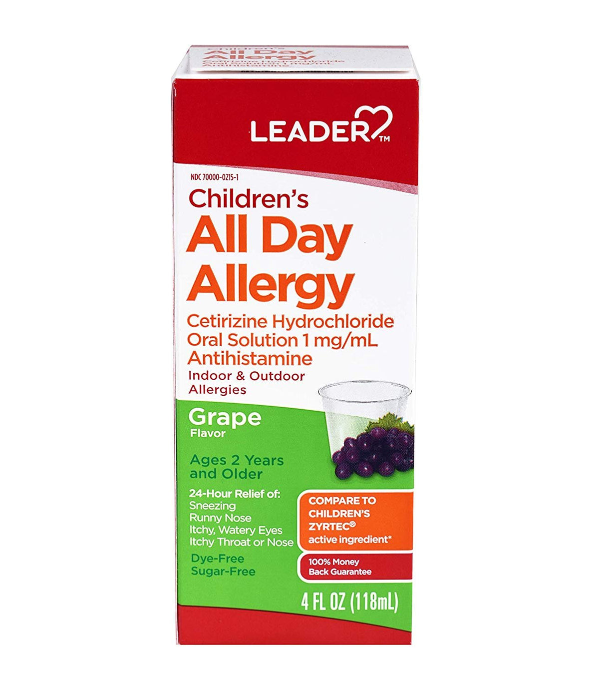 Leader Children's 24 Hour All Day Allergy Relief, Cetirizine Hcl Liquid, 4 Ounce, Grape