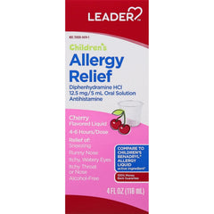 Leader Children’s Allergy Relief Liquid, Diphenhydramine HCL 12.5 mg / 5m Oral Solution, Antihistamine, Cherry Flavor, Alcohol Free, 4 fl oz