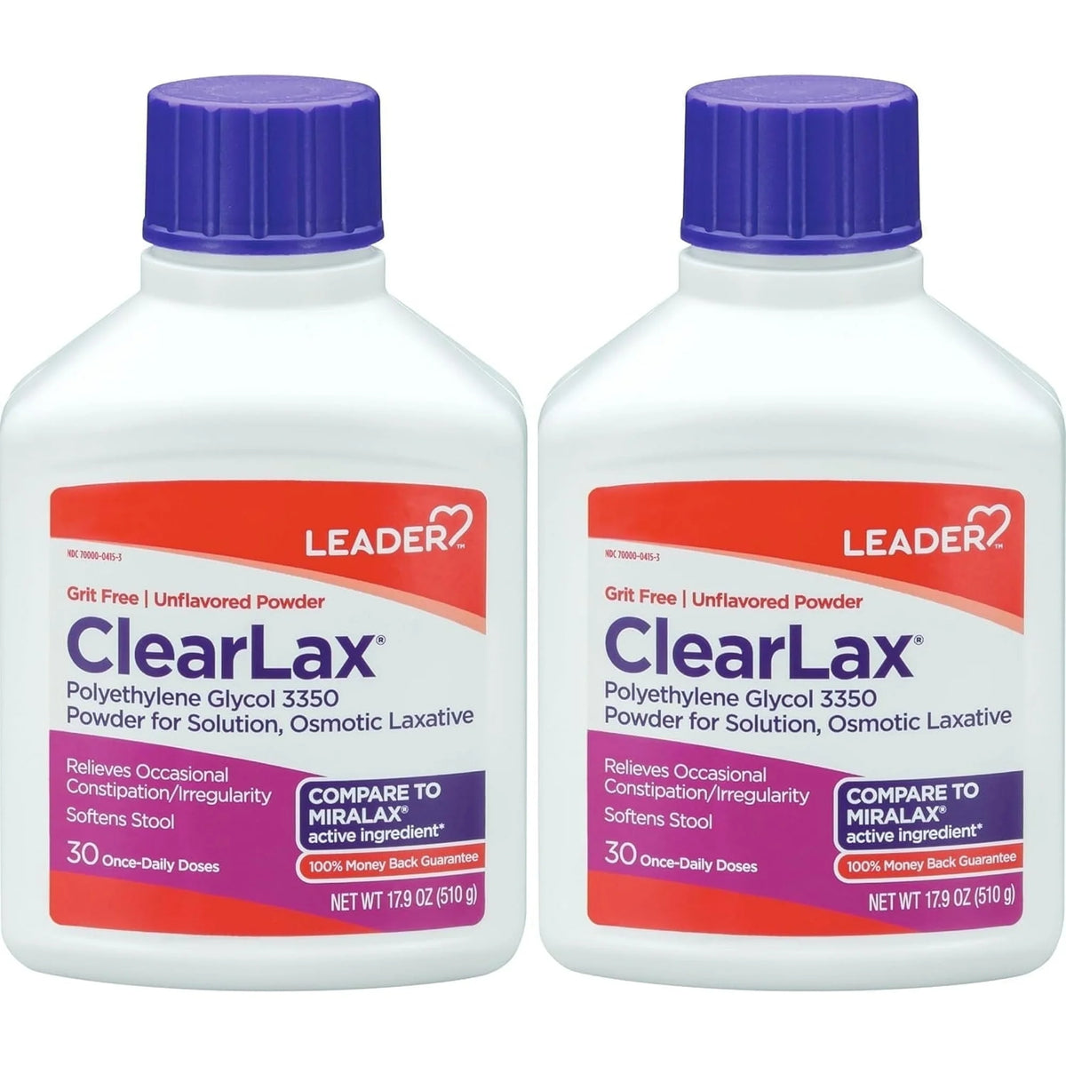 Leader ClearLax Laxative Powder for Gentle Constipation Relief, Grit-Free, Polyethylene Glycol, Osmotic Laxative, Stimulant-Free, Softens Stool, 30-Day Supply, 17.9 Ounce, 30 Doses (Pack of 2)