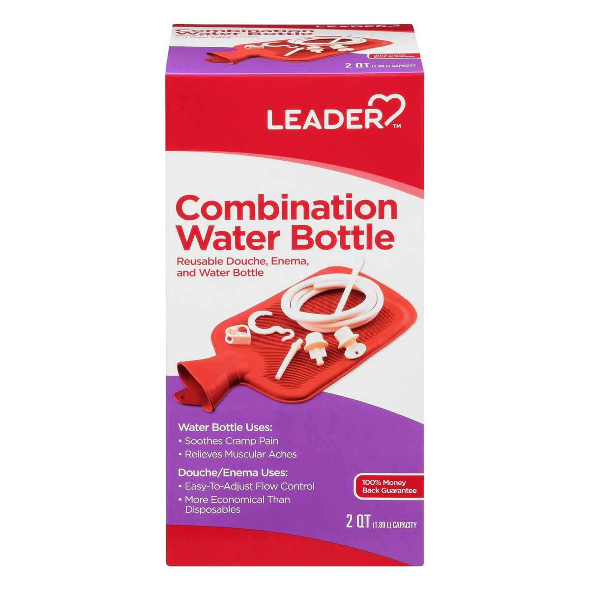 Leader Combination Hot Water Bottle for Muscle Pain and Injuries Relief, 2 Quart Capacity, 1 Ct, Red