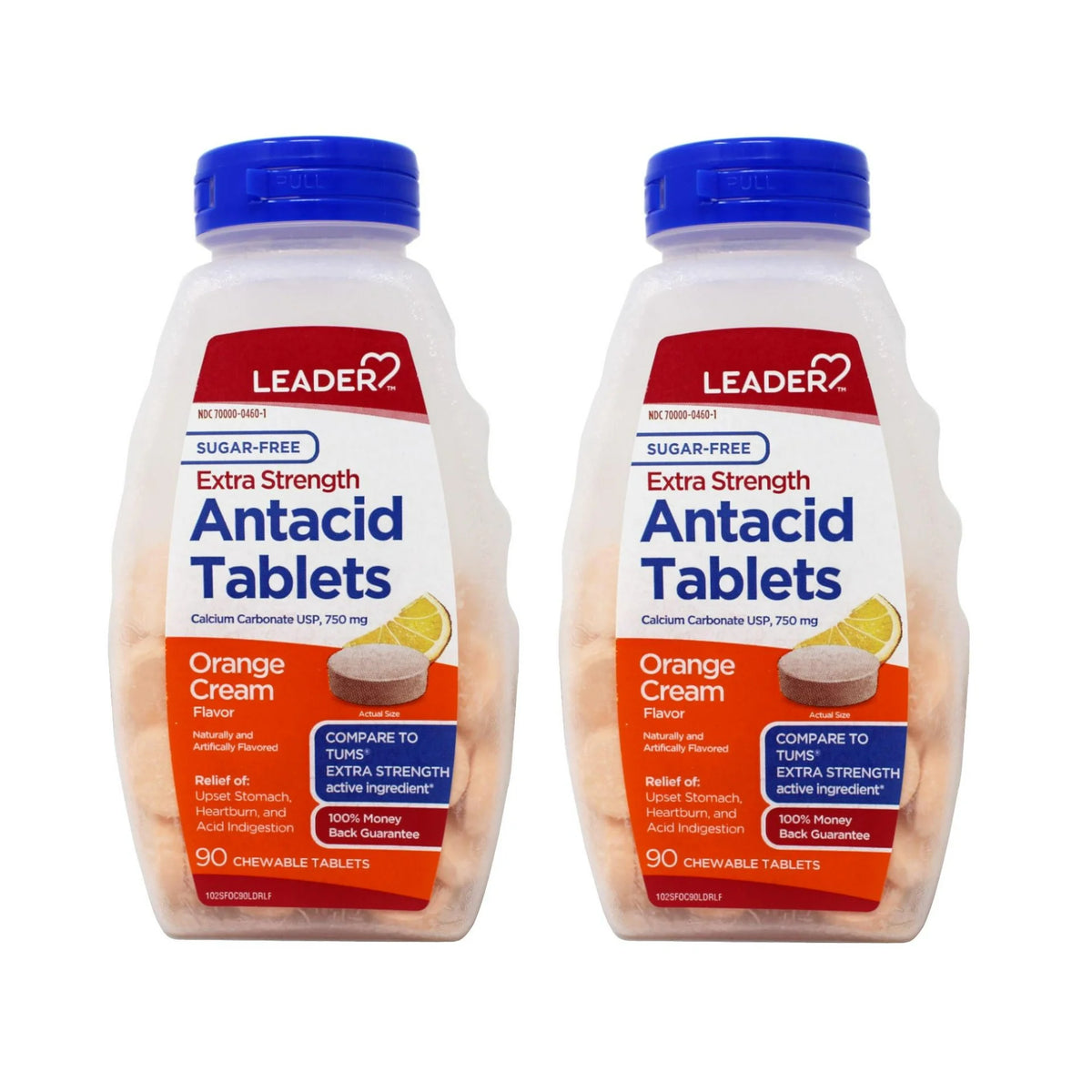 Leader Extra Strength Antacid 750 mg Chewable Tablets Orange Cream Sugar Free 90 Count - 2 Pack