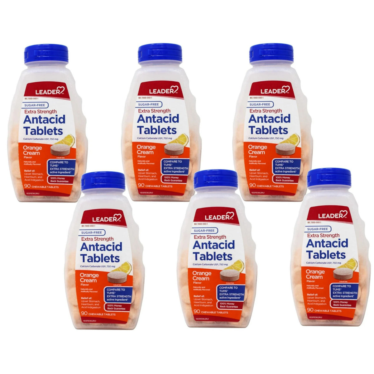 Leader Extra Strength Antacid 750 mg Chewable Tablets Orange Cream Sugar Free 90 Count - 6 Pack