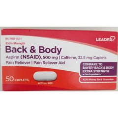 Leader Extra Strength Back & Body Pain Reliever Aid w/ Aspirin 500mg, 50ct