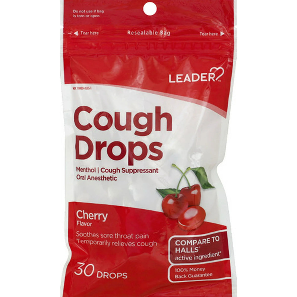 Leader Gluten Free Menthol Cough Drops, Cherry Flavor, 30 Drops