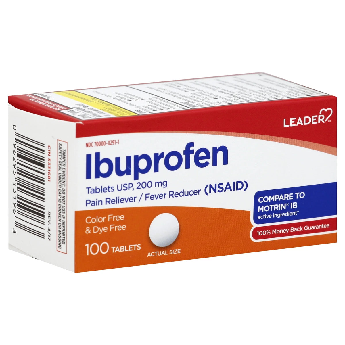 Leader Ibuprofen Color & Dye Free Tablets, Relief Pain, Inflammation, and Fever. 200mg, 100 Ct