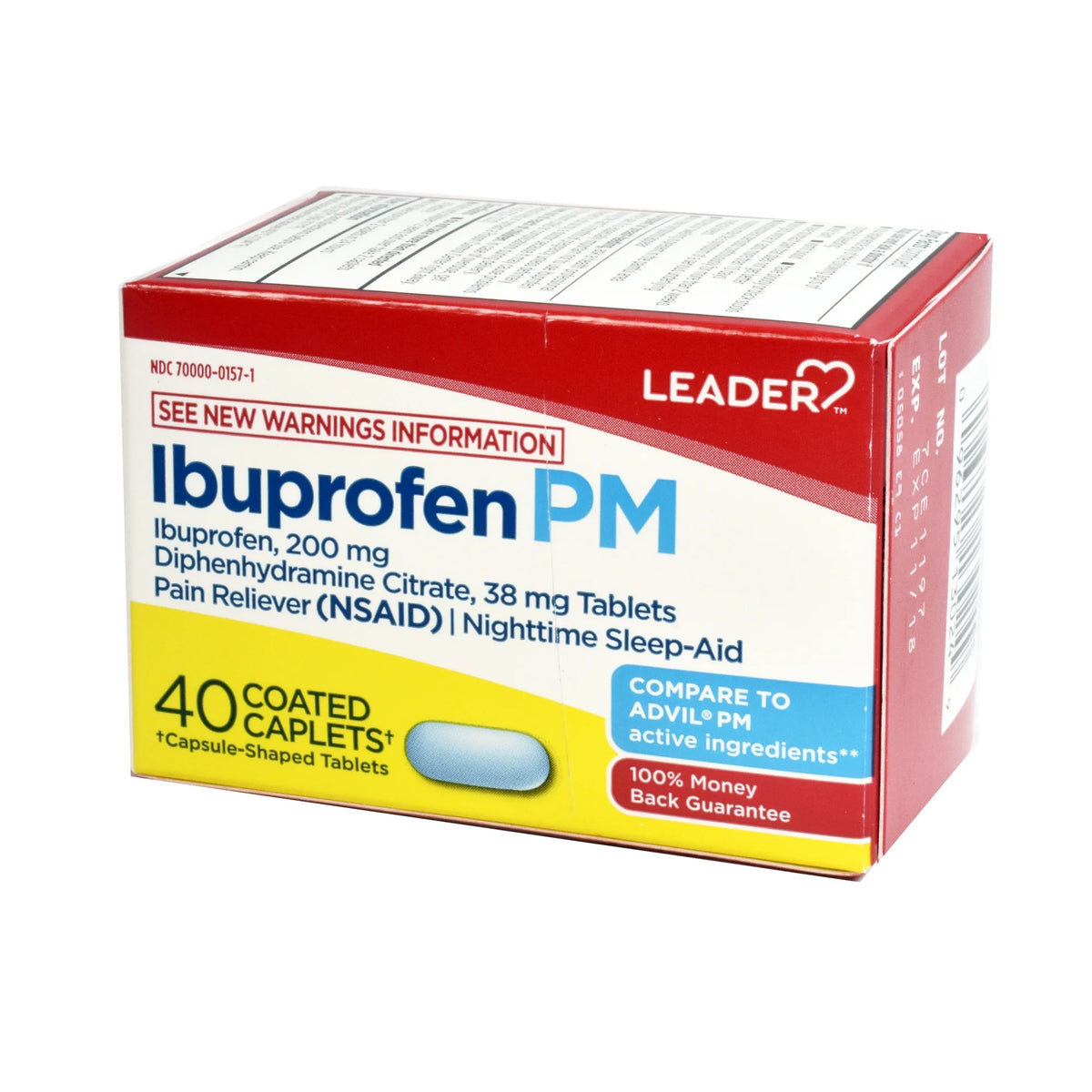 Leader Ibuprofen PM, Pain Reliever/Nighttime Sleep-Aid, 40 Coated Caplets