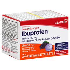 Leader Junior Ibuprofen Chewable Tablets, Pain Relief - Fever Reduction Grape, 24 Ct