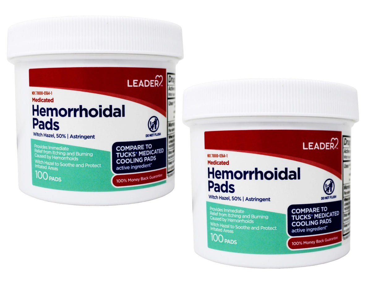 Leader Medicated Hemorrhoidal Pads Witch Hazel 50%, 100 Count - 2 Pack