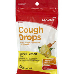 Leader Menthol Cough Drops GF, Honey Lemon Flavor, 30 Drops