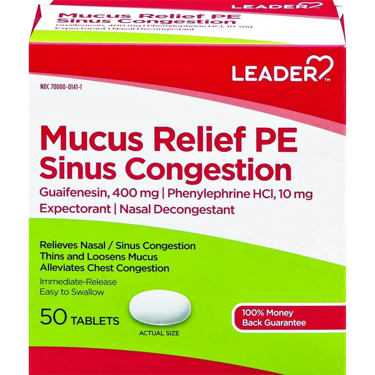 Leader Mucus Relief PE Discomfort Sinus Congestion, Mucus Buildup 50 Tablets per Box