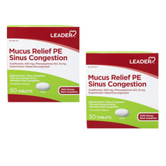 Leader Mucus Relief PE Sinus Congestion with Guaifenesin and Phenylephrine HCl, Nasal Decongestant, Alleviates Chest Congestion, 50 Tablets - 2 Pack