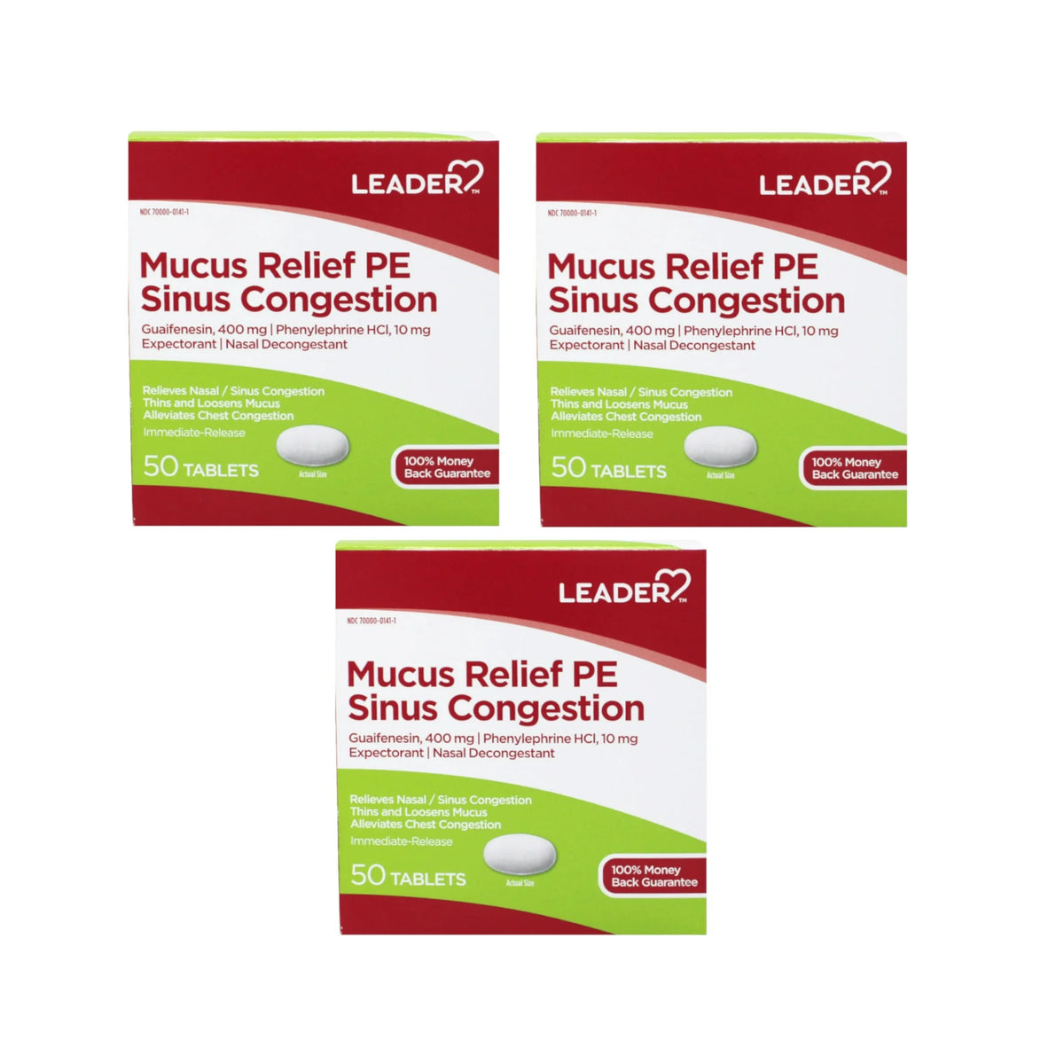 Leader Mucus Relief PE Sinus Congestion with Guaifenesin and Phenylephrine HCl, Nasal Decongestant, Alleviates Chest Congestion, 50 Tablets - 3 Pack