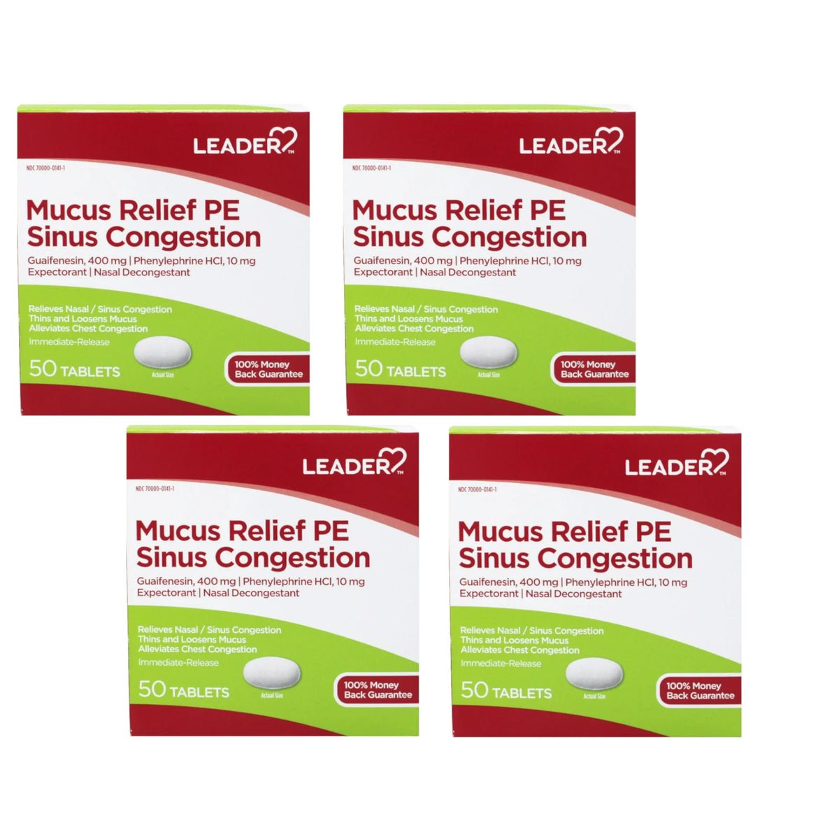 Leader Mucus Relief PE Sinus Congestion with Guaifenesin and Phenylephrine HCl, Nasal Decongestant, Alleviates Chest Congestion, 50 Tablets - 4 Pack