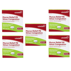 Leader Mucus Relief PE Sinus Congestion, Expectorant; Nasal Decongestant, Thins and Loosens Mucus, Immediate-Release, Alleviates Chest Congestion, 50 Tablets (Pack of 5)