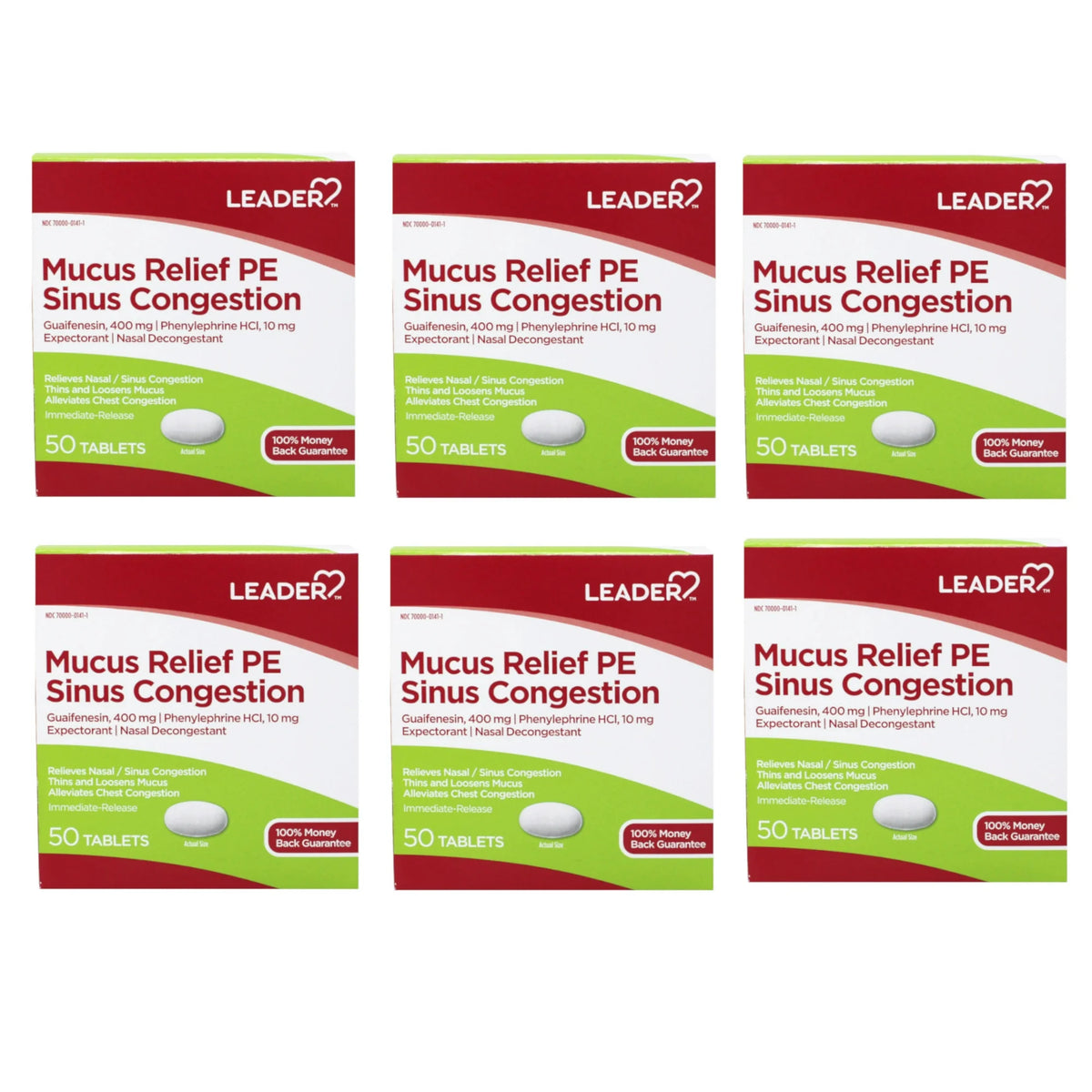 Leader Mucus Relief PE Sinus Congestion, 50 Tablets, 6 Pack