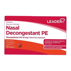 Leader Nasal Decongestant PE Phenylephrine HCL 10mg Nasal Allergies Cold Relief Tablets, 18 Ea