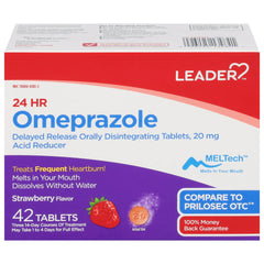 Leader Omeprazole Acid Reducer, Heartburn and Stomach Ulcers 20mg, 42 Tablets, Strawberry Flavor