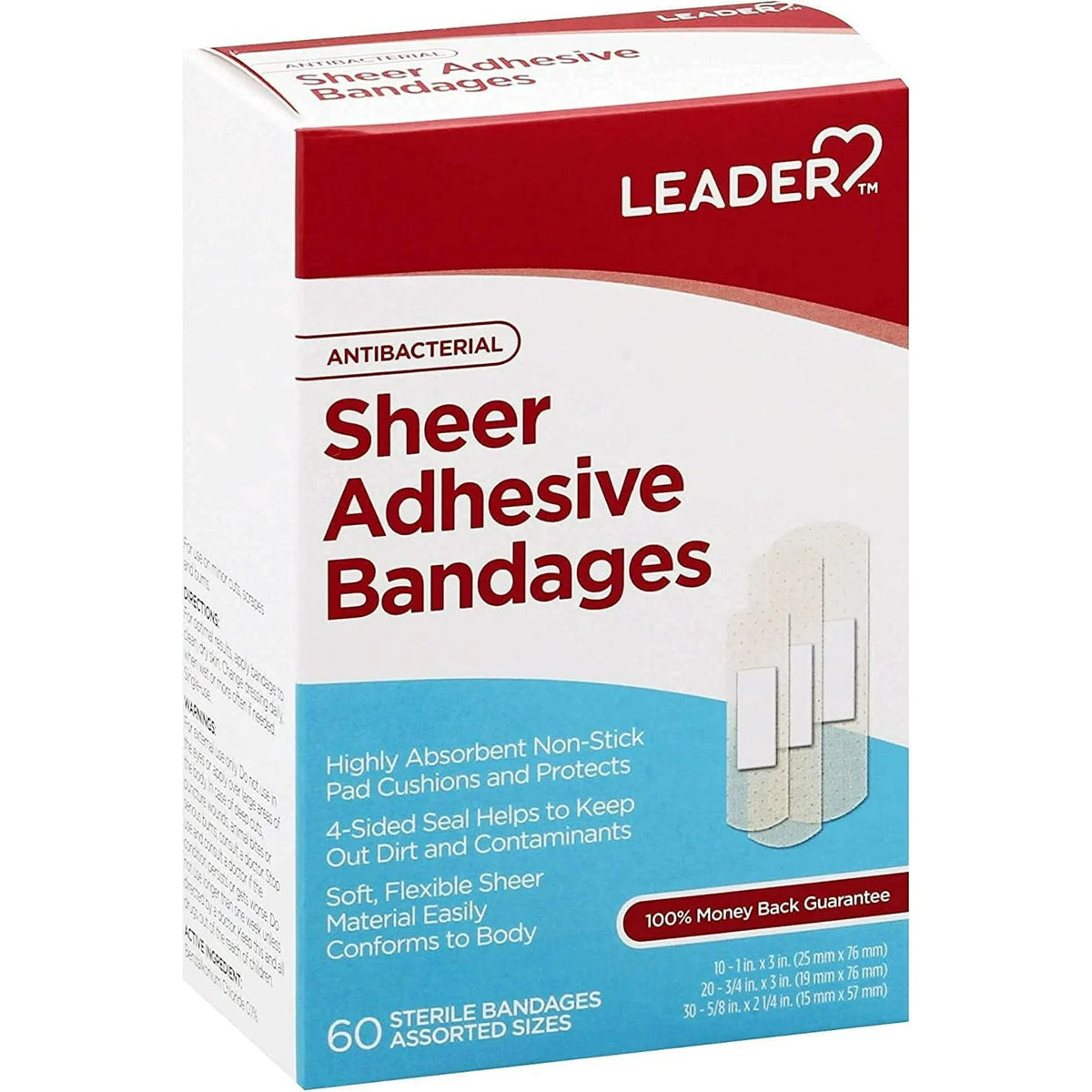 Leader Sheer Adhesive Bandages Antiseptic Count of 60 Assorted Sizes