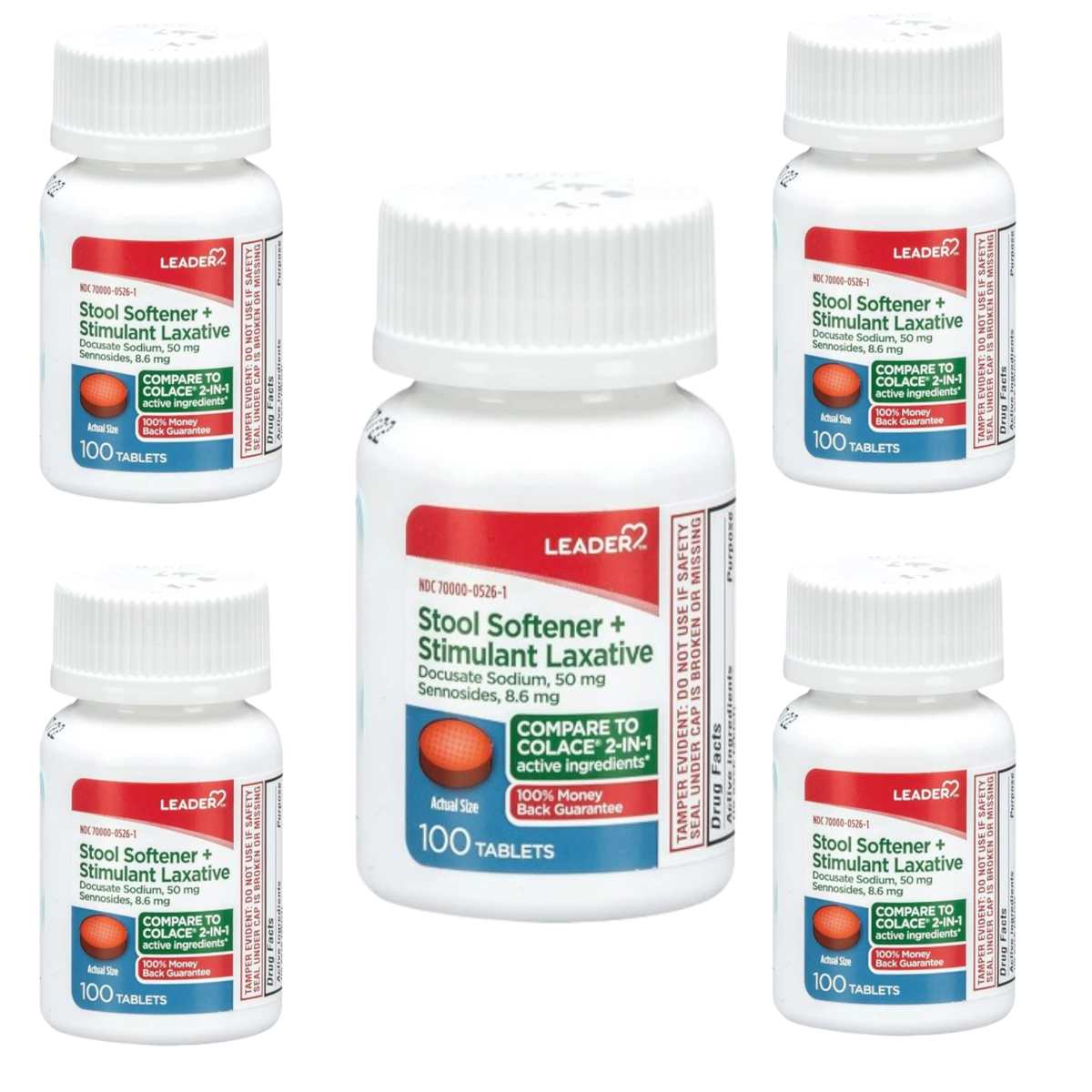 LEADER 2-in-1 Stool Softener & Stimulant Laxative, Docusate Sodium 50mg, Sennosides 8.6 mg, Gentle Occasional Constipation Relief for Adults, Both Men & Women, & Children Ages 6+, 100 tablets 5-Pack