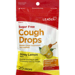 Leader Sugar-Free Menthol Cough Drops, Honey Lemon, 25 Drops