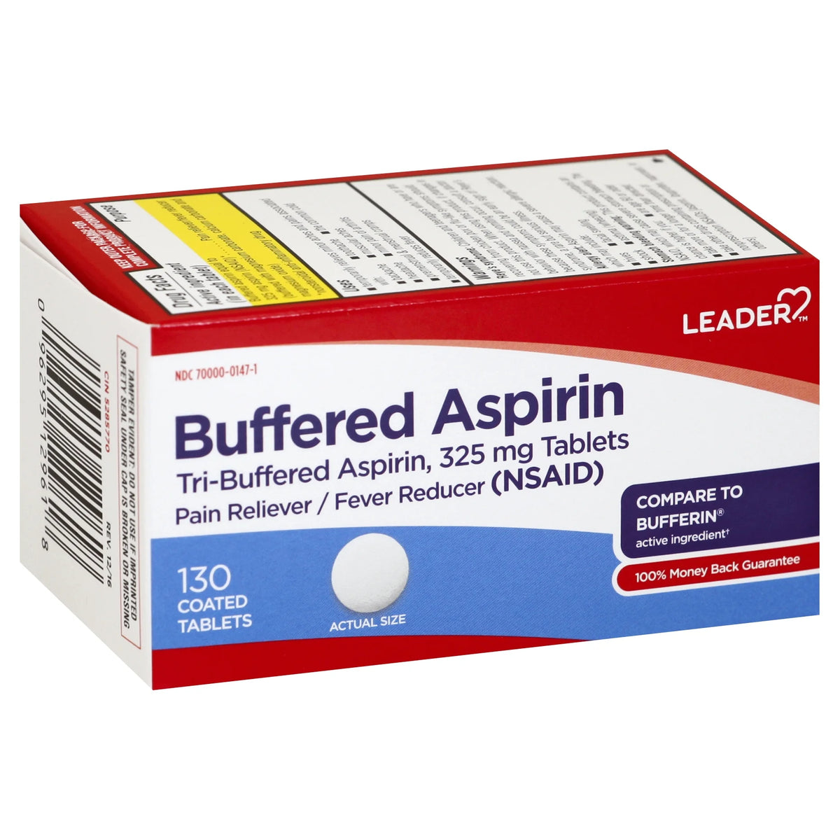 Leader Buffered Aspirin Coated Tablets 325 mg Pain Reliever & Fever Reducer | Tri-Buffered Formula 130 ct