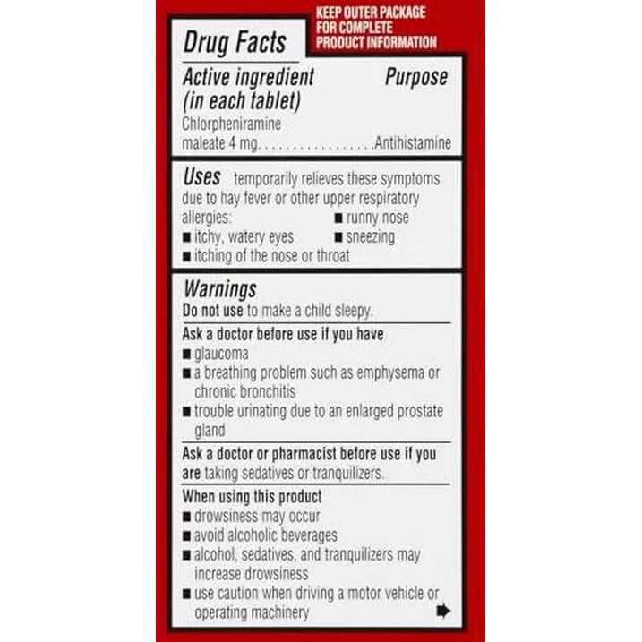 Leader 4 Hour Allergy Relief, Chlorpheniramine Maleate Tablets, Antihistamine, 4 mg, 100 Count (Pack of 4)