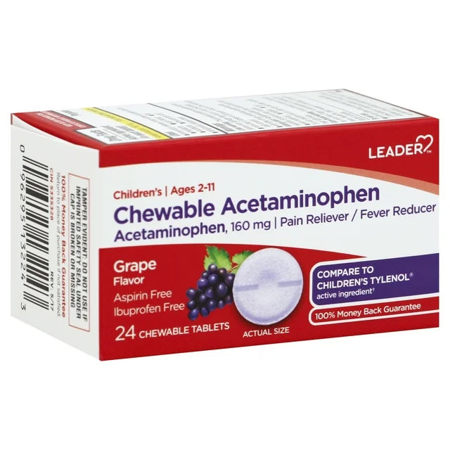 Leader Children's Acetaminophen Chewables, For Pain and Fever, Grape Flavored, 24 ct