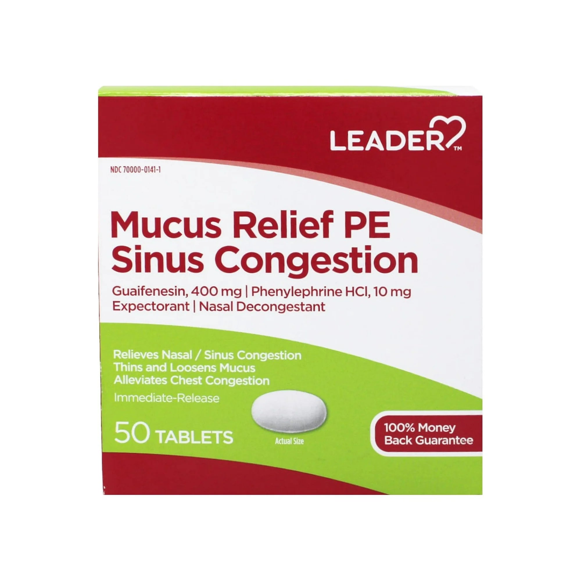 Leader Mucus Relief PE Sinus Congestion with Guaifenesin and Phenylephrine HCl, Nasal Decongestant, Alleviates Chest Congestion, 50 Tablets - 2 Pack