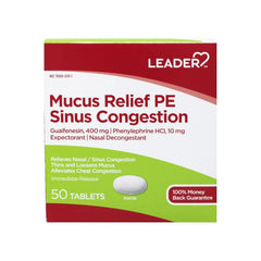 Leader Mucus Relief PE Sinus Congestion with Guaifenesin and Phenylephrine HCl, Nasal Decongestant, Alleviates Chest Congestion, 50 Tablets - 2 Pack