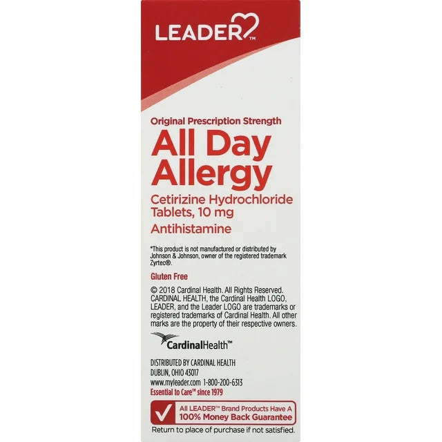 Leader 24 Hour All Day Allergy Relief, Cetirizine Hcl Tablets, 10 mg, 90 Count