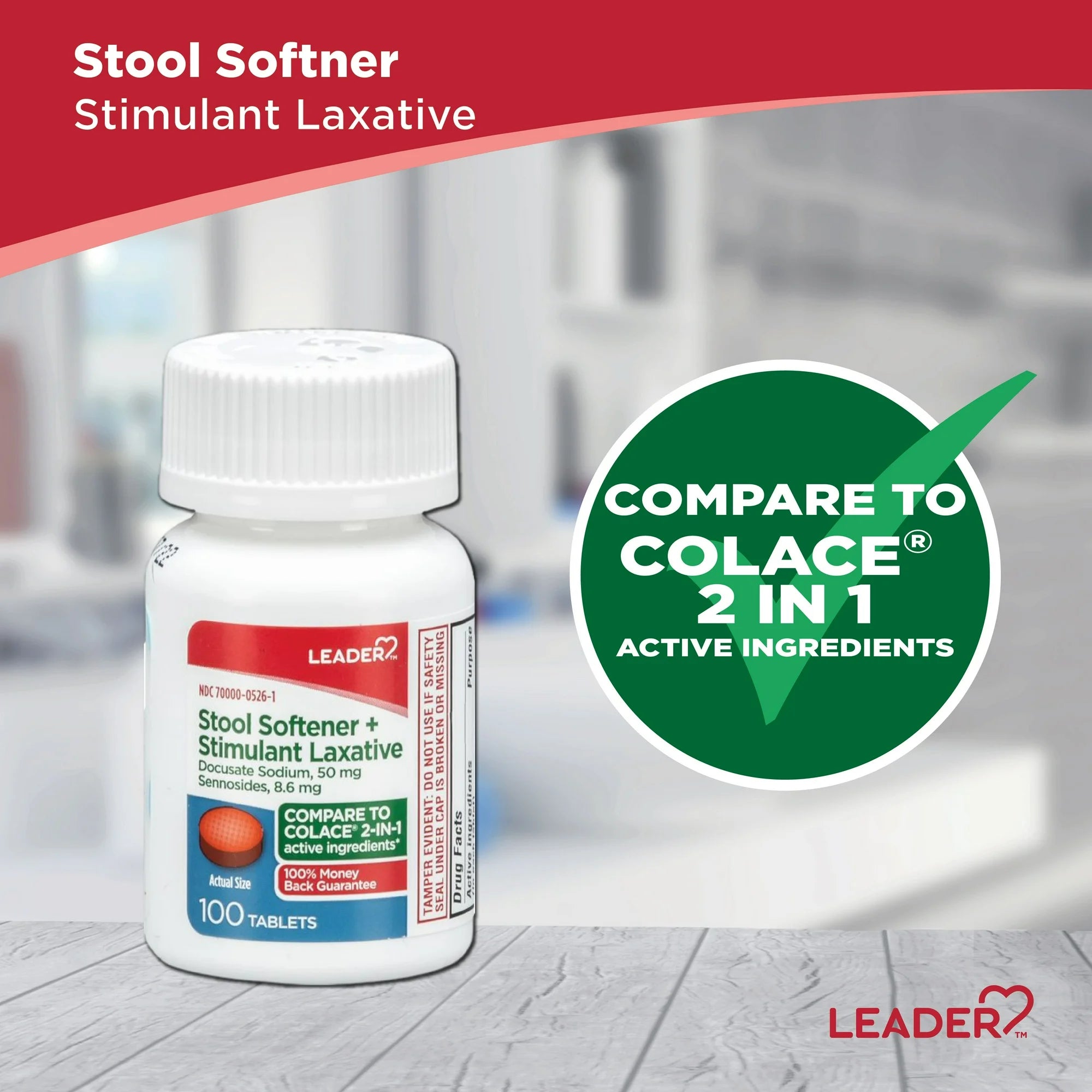 Leader Stool Softener + Stimulant Laxative Relieves Constipation, 100 Ct Tablet