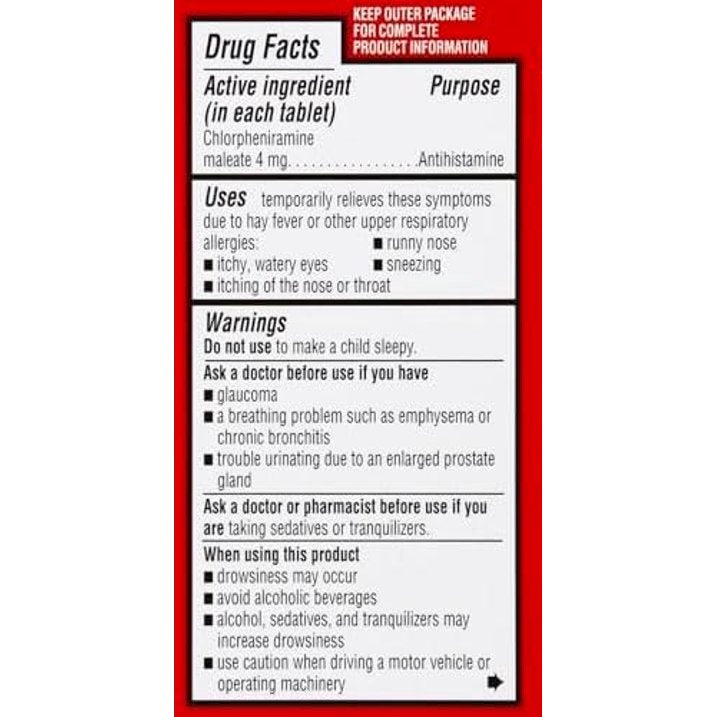 Leader 4 Hour Allergy Relief, Chlorpheniramine Maleate Tablets, Antihistamine, 4 mg, 100 Count, Pack of 6