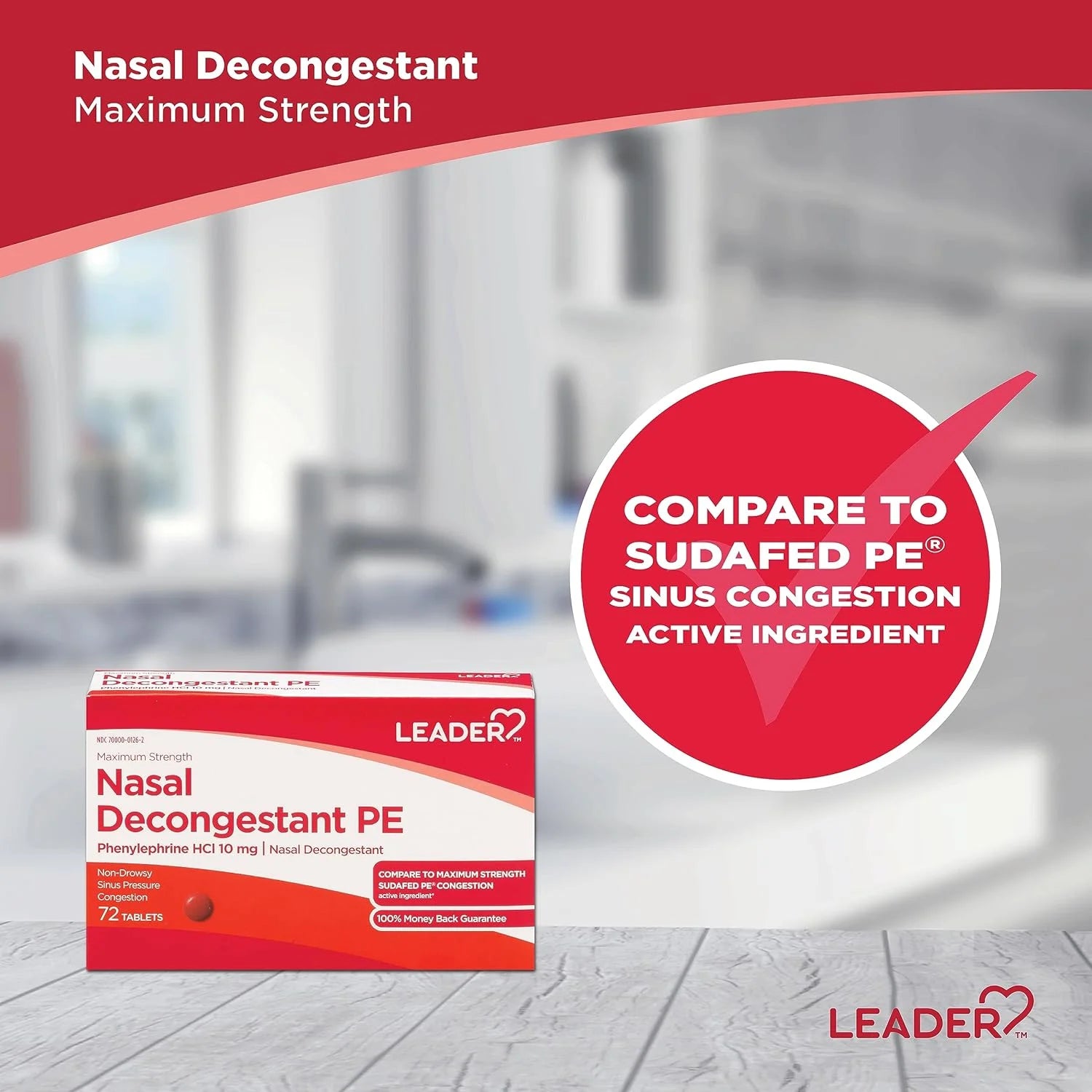 Leader Nasal Decongestant PE Phenylephrine HCL 10mg Nasal Allergies Cold Relief Tablets, 18 Ea