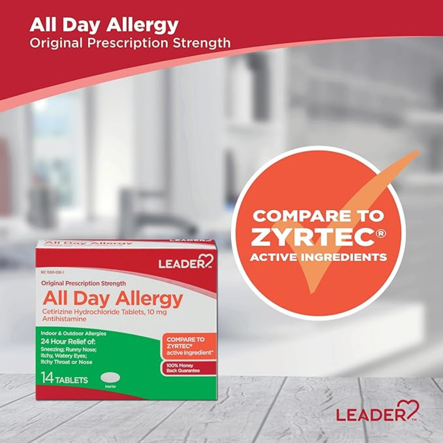 Leader All Day Allergy Cetirizine 10mg Tablets, 14ct - 24-Hour Relief from Allergies (Pack of 1)