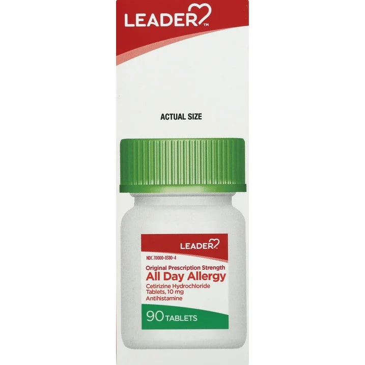 Leader 24 Hour All Day Allergy Relief, Cetirizine Hcl Tablets, 10 mg, 90 Count