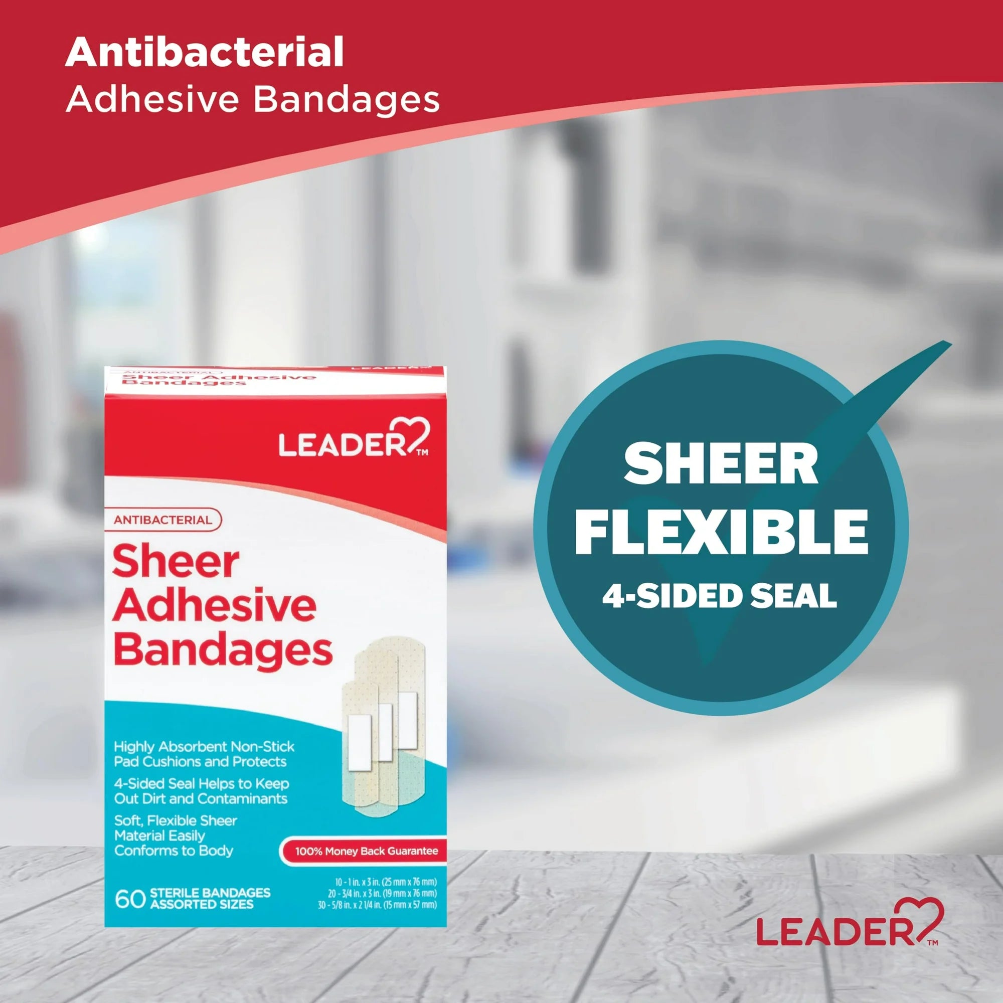 Leader Sheer Adhesive Bandages Antiseptic Count of 60 Assorted Sizes