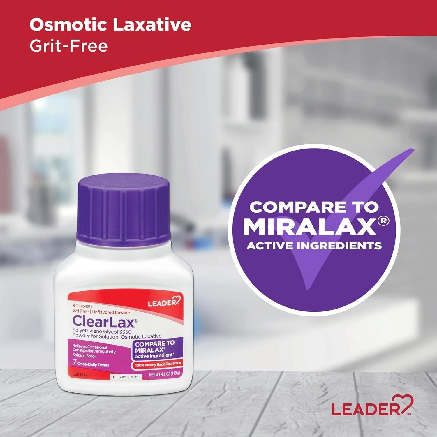 Leader Clearlax Polyethylene Glycol Powder, Osmotic Laxative, 4.1 oz.