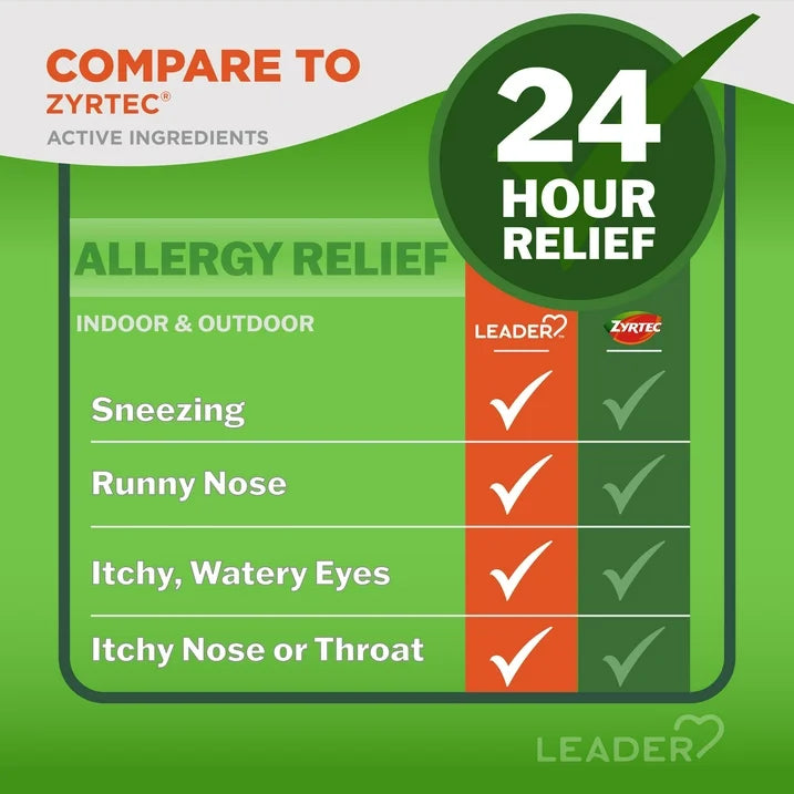 Leader 24 Hour All Day Allergy Relief, Cetirizine Hcl Tablets, 10 mg, 90 Count