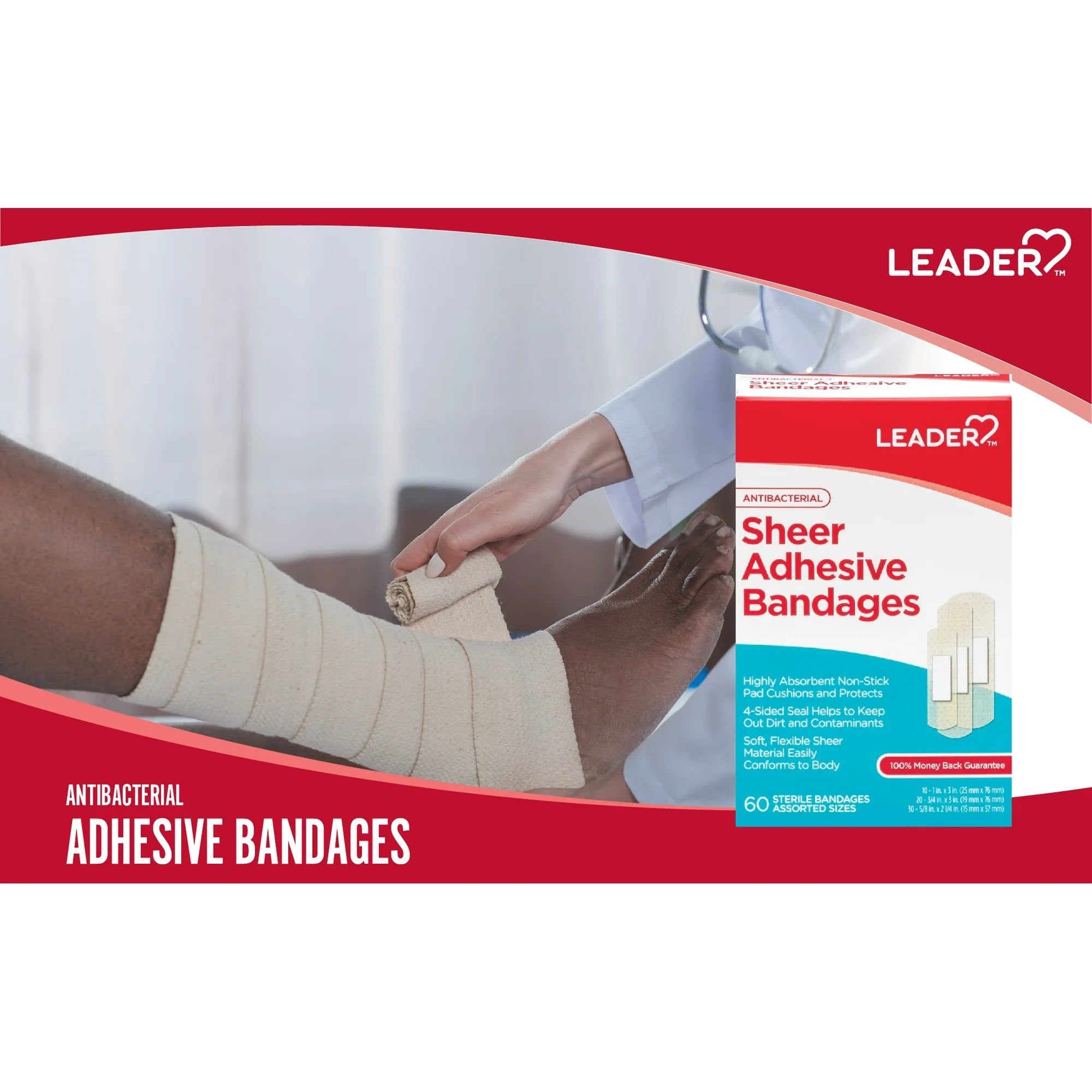 Leader Sheer Adhesive Bandages Antiseptic Count of 60 Assorted Sizes