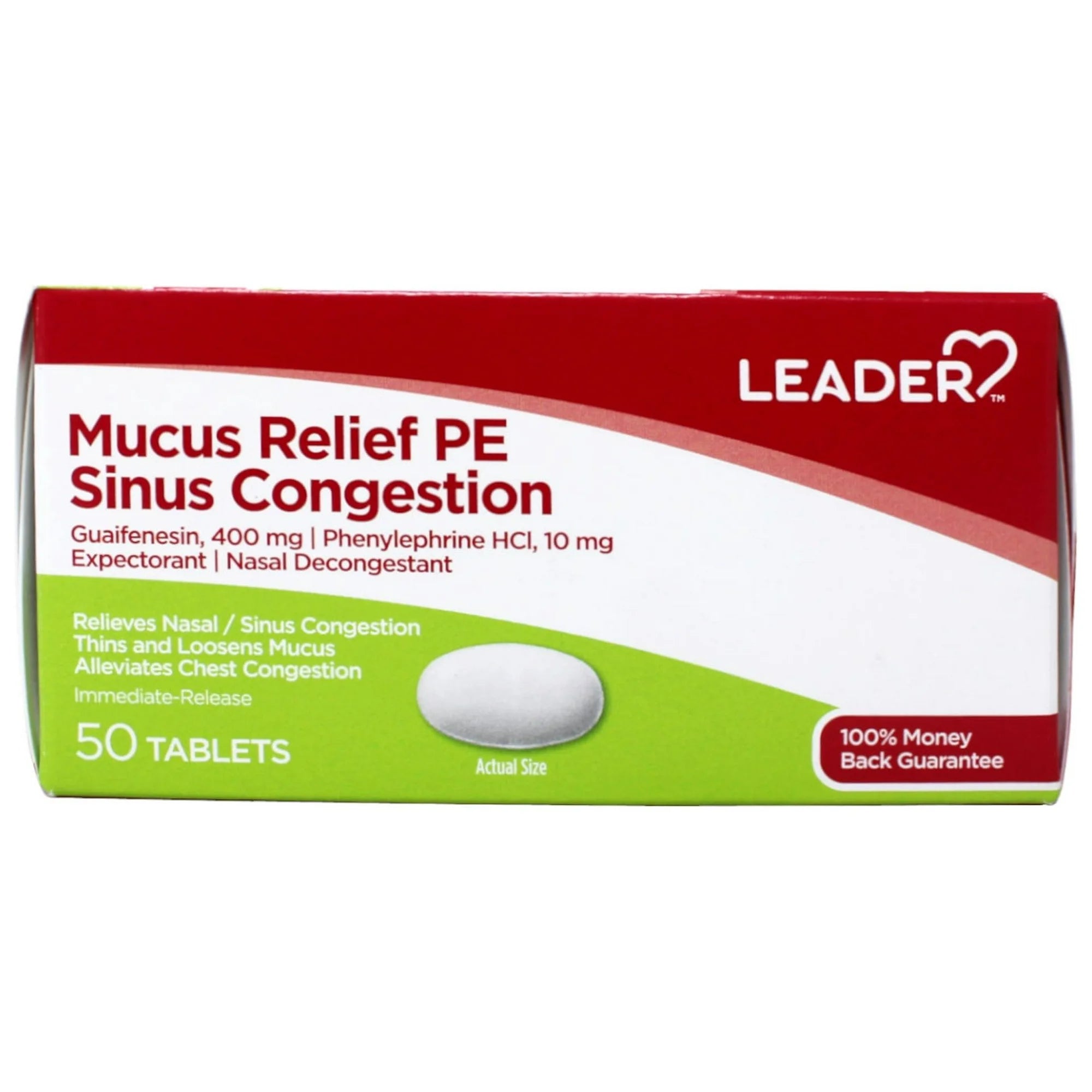 Leader Mucus Relief PE Sinus Congestion with Guaifenesin and Phenylephrine HCl, Nasal Decongestant, Alleviates Chest Congestion, 50 Tablets - 2 Pack