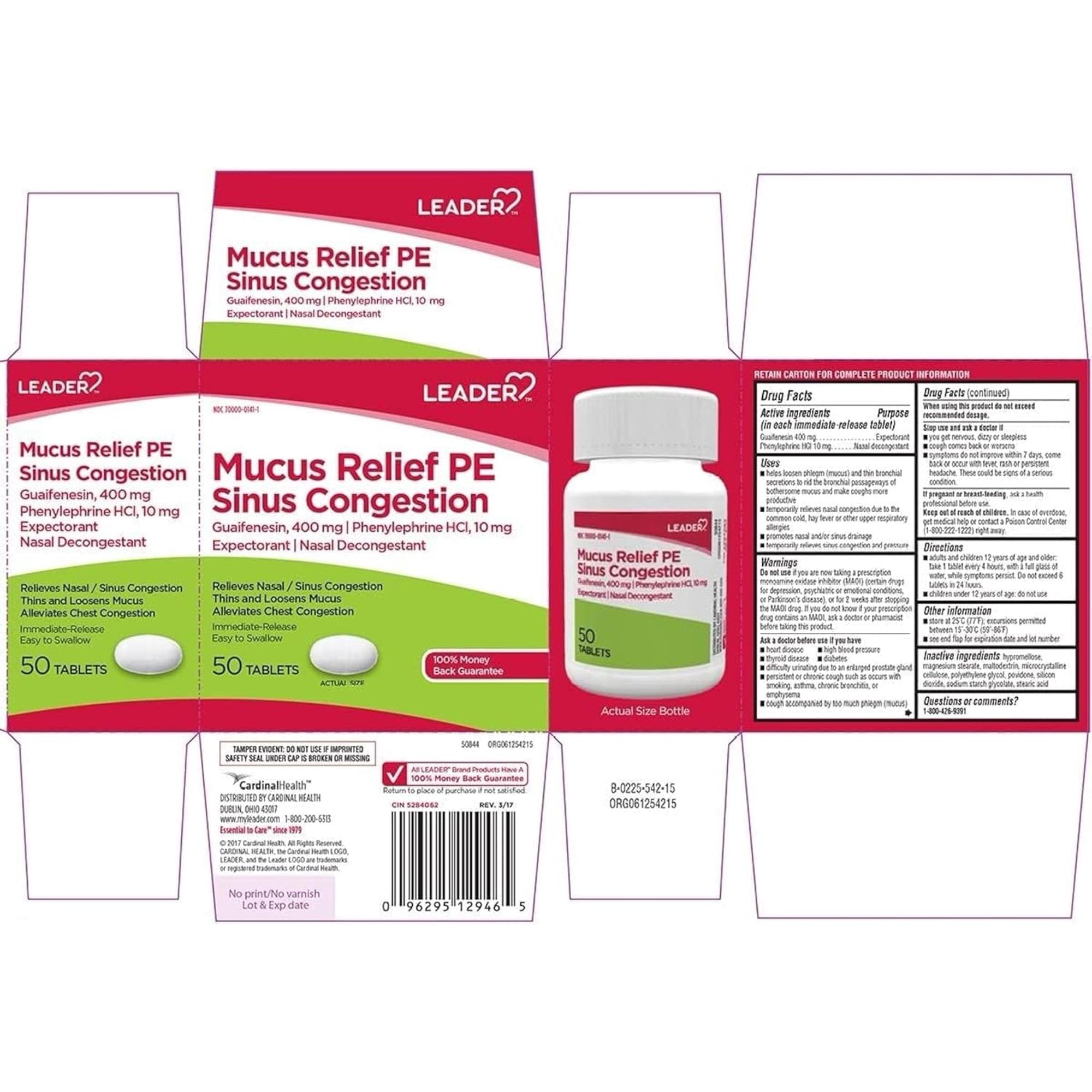 Leader Mucus Relief PE Sinus Congestion, Expectorant; Nasal Decongestant, Thins and Loosens Mucus, Immediate-Release, Alleviates Chest Congestion, 50 Tablets (Pack of 5)