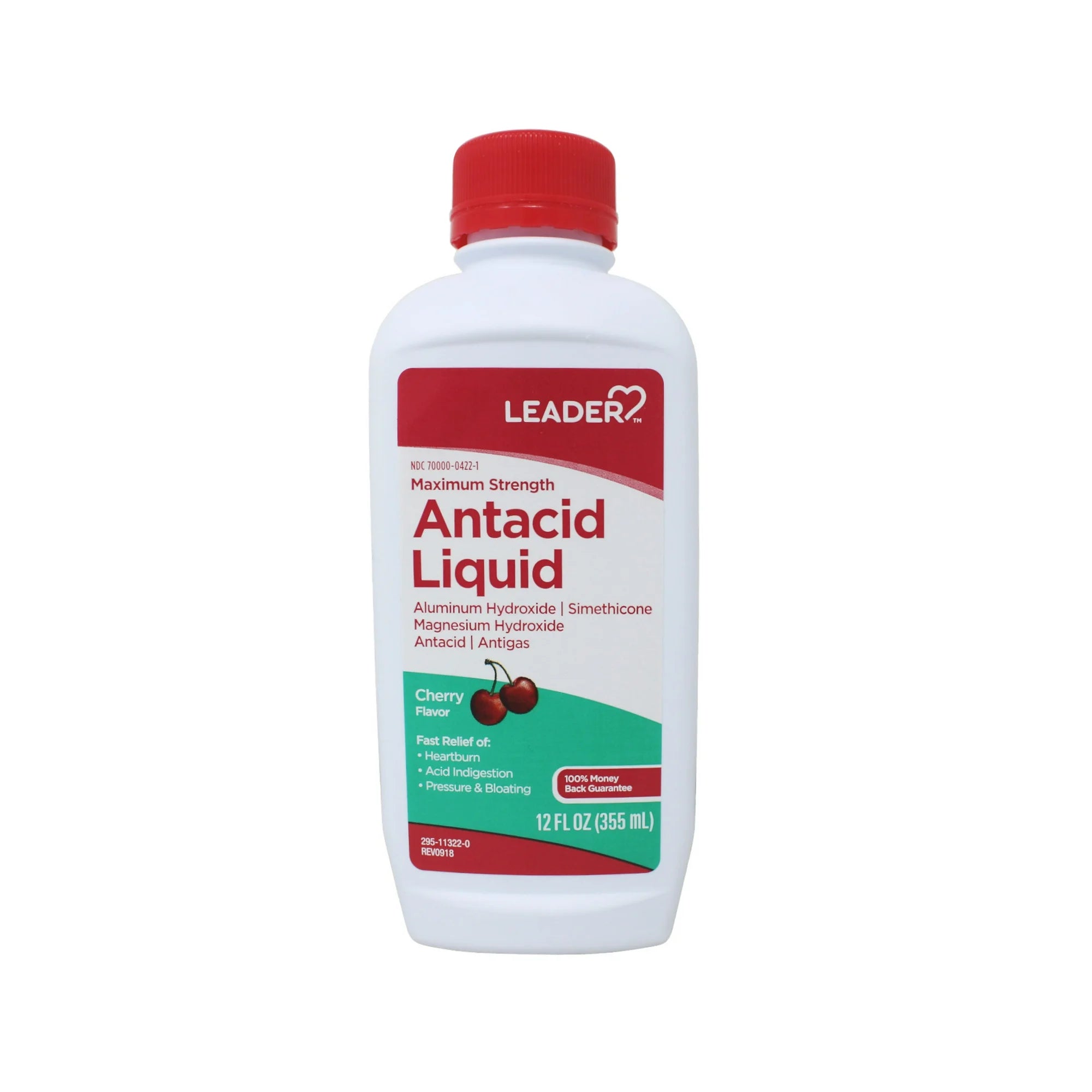 Leader Maximum Strength Antacid Liquid with Aluminum Hydroxide, Simethicone, Antacid/Antigas for Heartburn, Acid Indigestion, Pressure & Bloating, Cherry Flavor 12 FL oz - 5 Pack