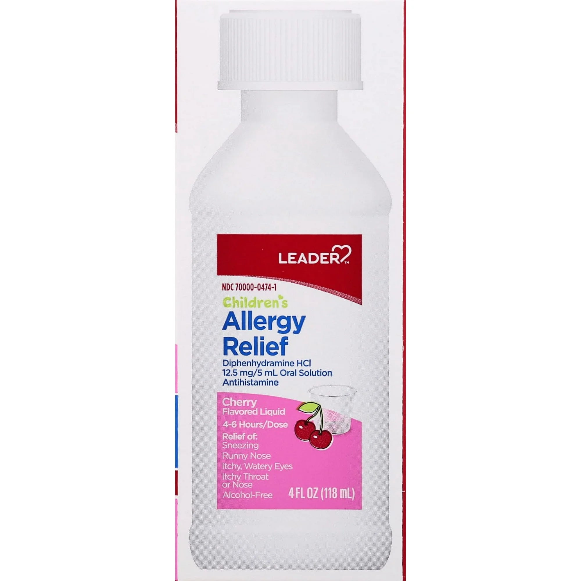 Leader Children’s Allergy Relief Liquid, Diphenhydramine HCL 12.5 mg / 5m Oral Solution, Antihistamine, Cherry Flavor, Alcohol Free, 4 fl oz