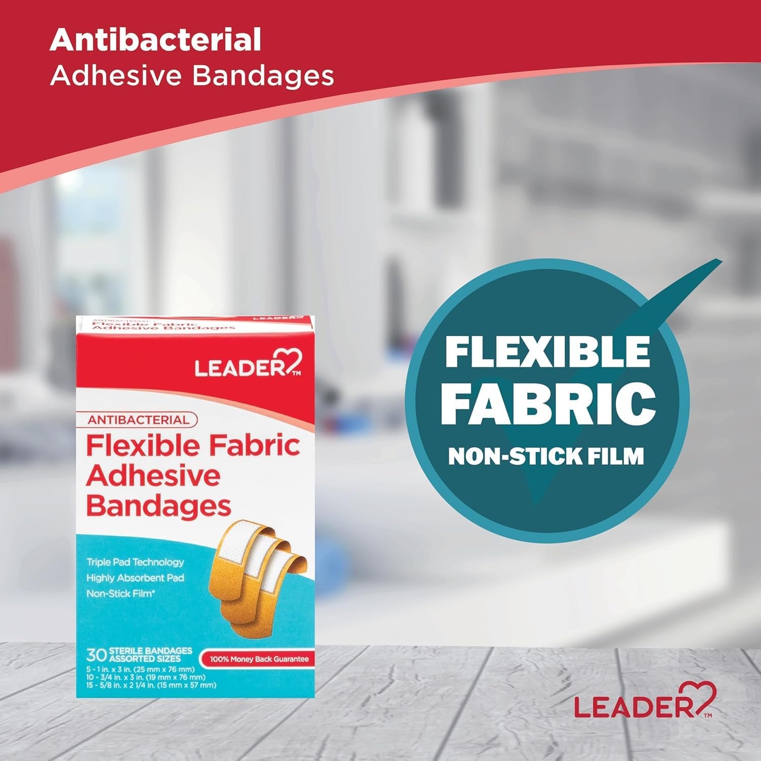 Leader Antibacterial Flexible Fabric Adhesive Bandages, Assorted Sizes, 30 Count Per Box